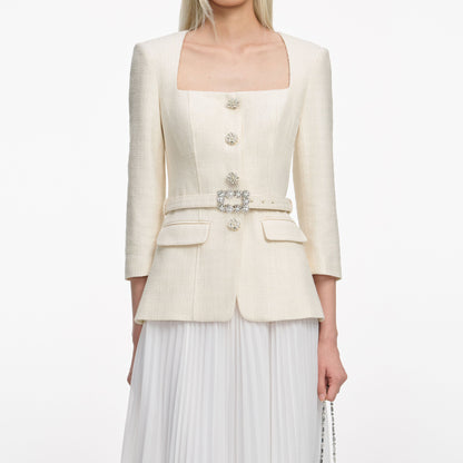 yuri Cream Boucle Long Sleeve Chiffon Midi Dress