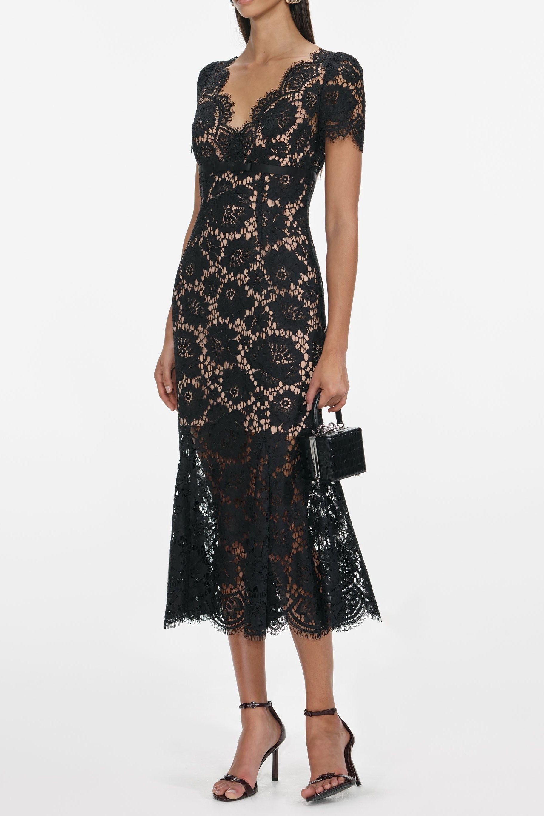 ashley Floral Lace hollow Midi Dress in black Avalabel