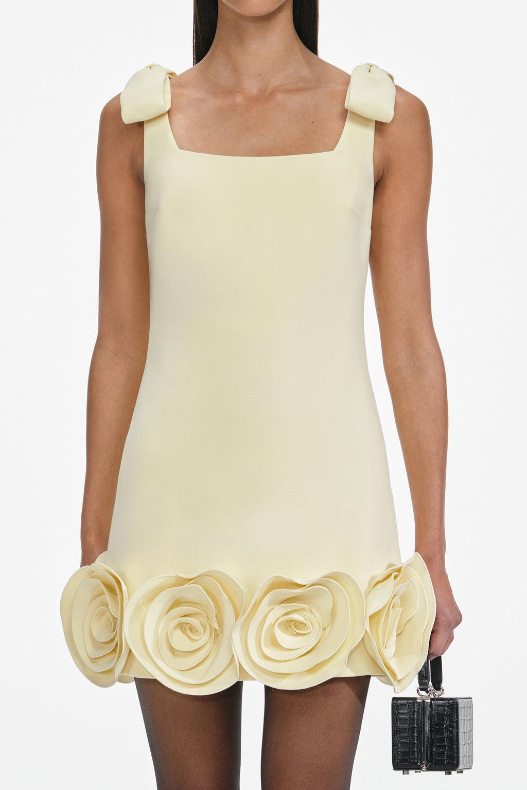 ophelia Yellow Crepe 3D Flower Mini Dress Avalabel
