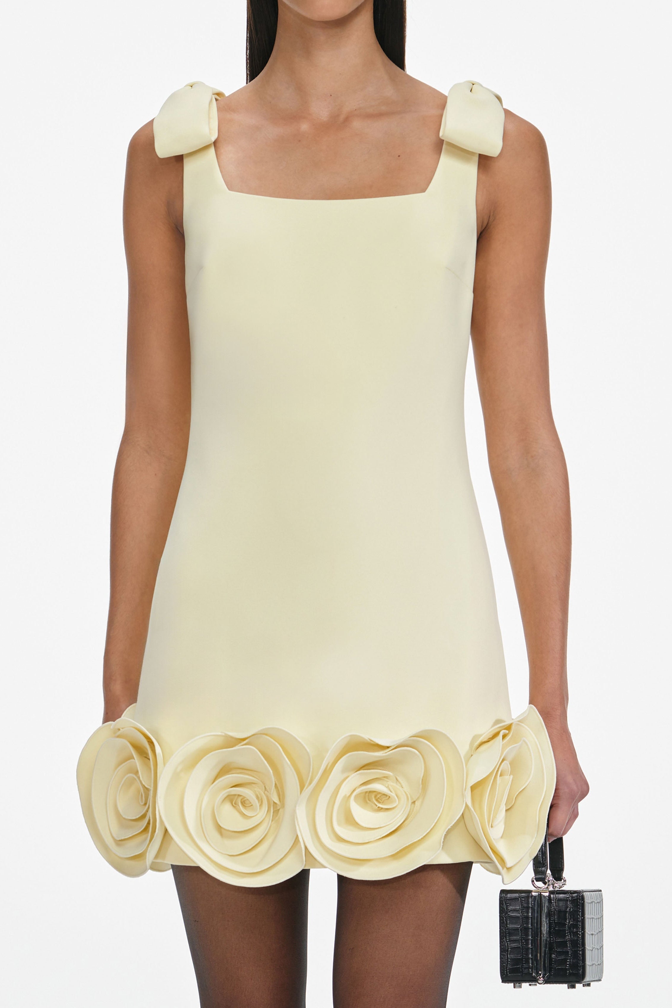 ophelia Yellow Crepe 3D Flower Mini Dress Avalabel