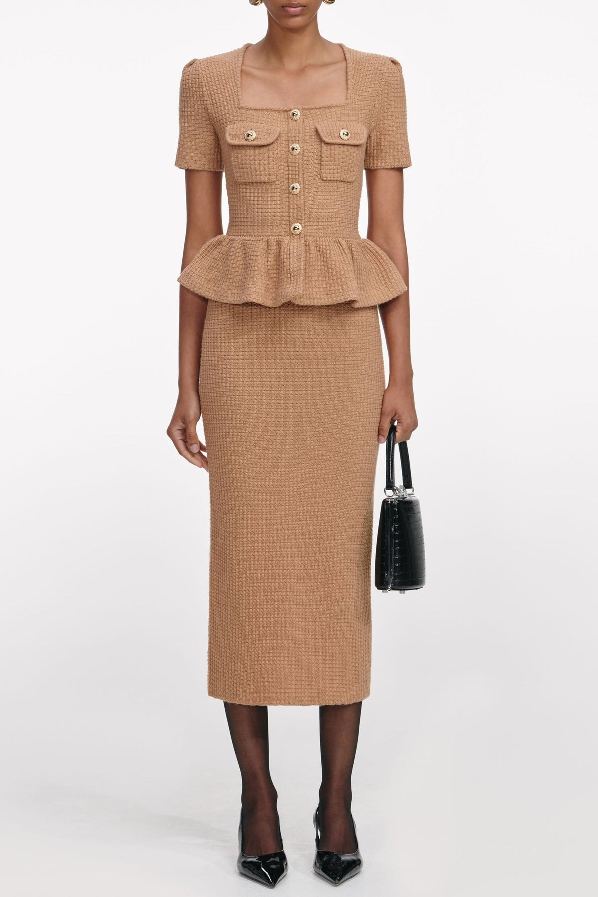 natalie Camel Peplum Knit Midi Dress Avalabel