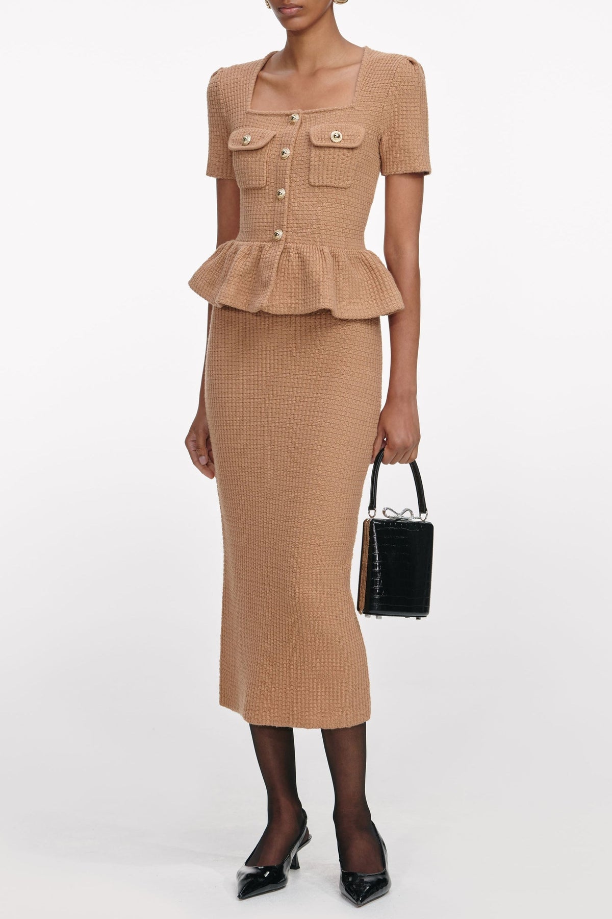 natalie Camel Peplum Knit Midi Dress Avalabel