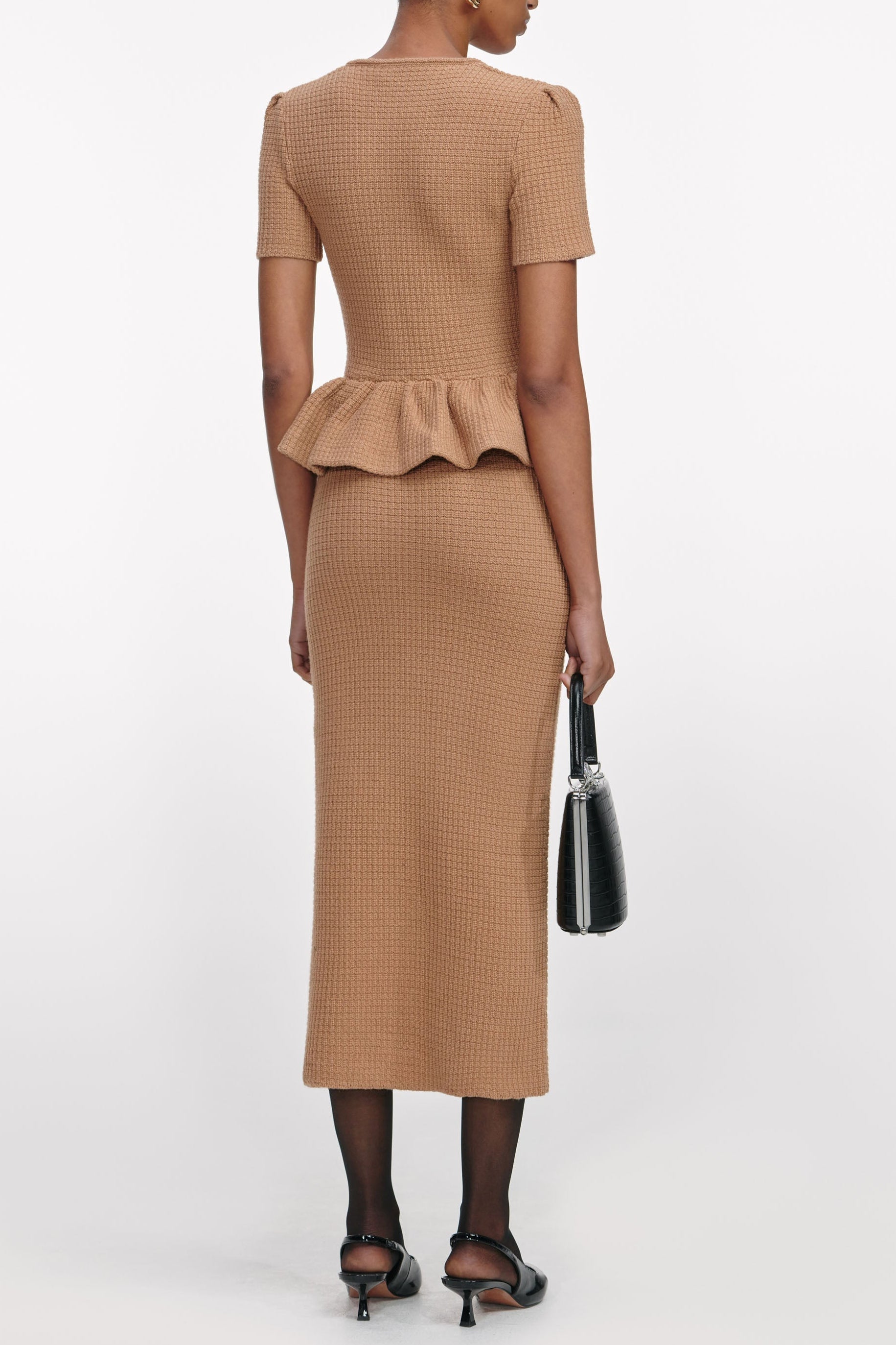 natalie Camel Peplum Knit Midi Dress Avalabel