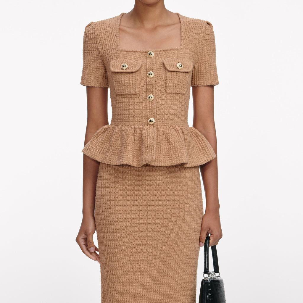 natalie Camel Peplum Knit Midi Dress Avalabel