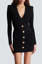 Aero Buttoned Ribbed Knit Mini Dress - Black Avalabel