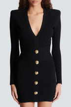 Aero Buttoned Ribbed Knit Mini Dress - Black Avalabel