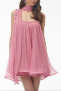 Rose Pink Off Shoulder Ruched Mini Dress with Ribbon Avalabel