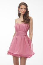 Rose Pink Off Shoulder Ruched Mini Dress with Ribbon Avalabel