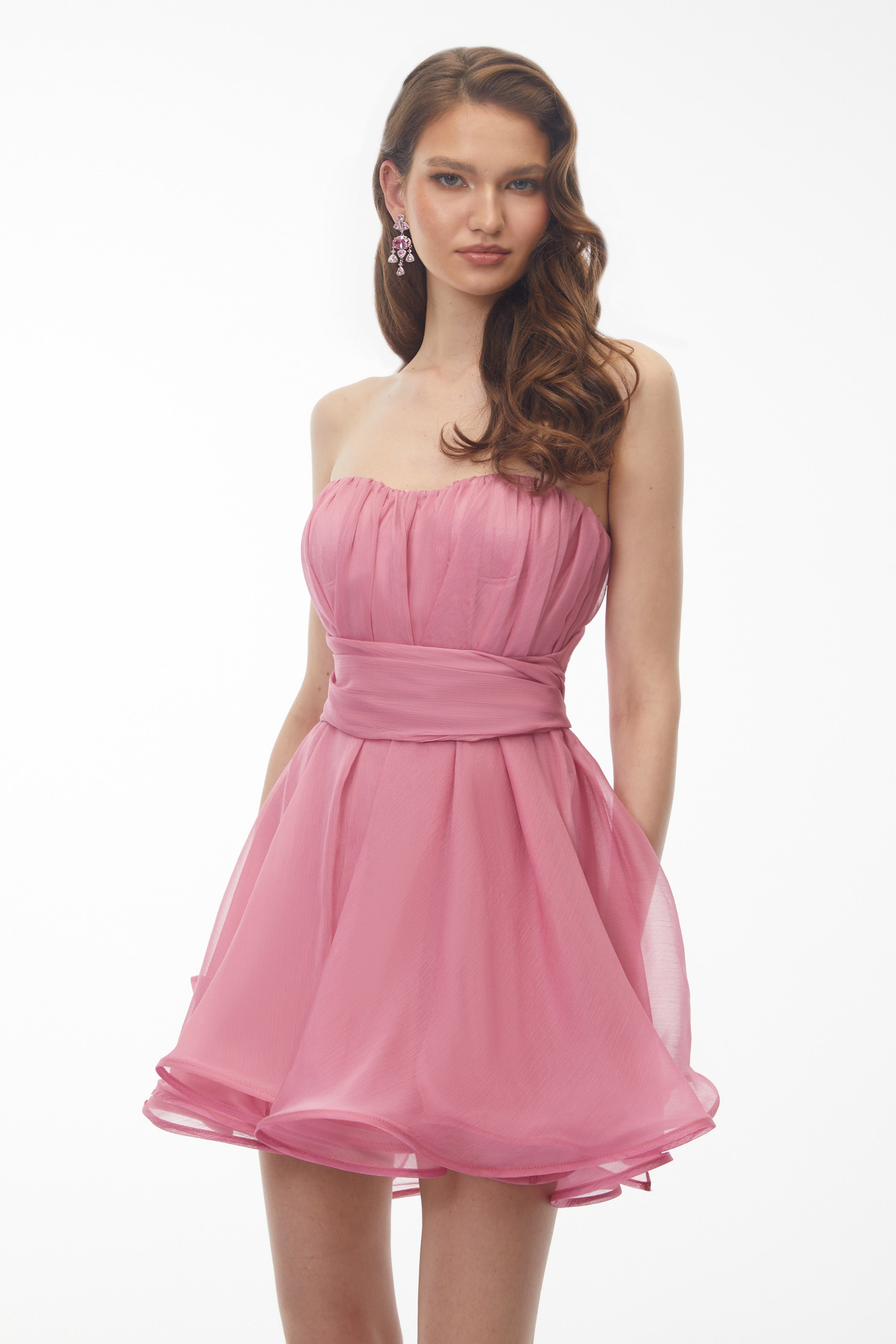 Rose Pink Off Shoulder Ruched Mini Dress with Ribbon Avalabel