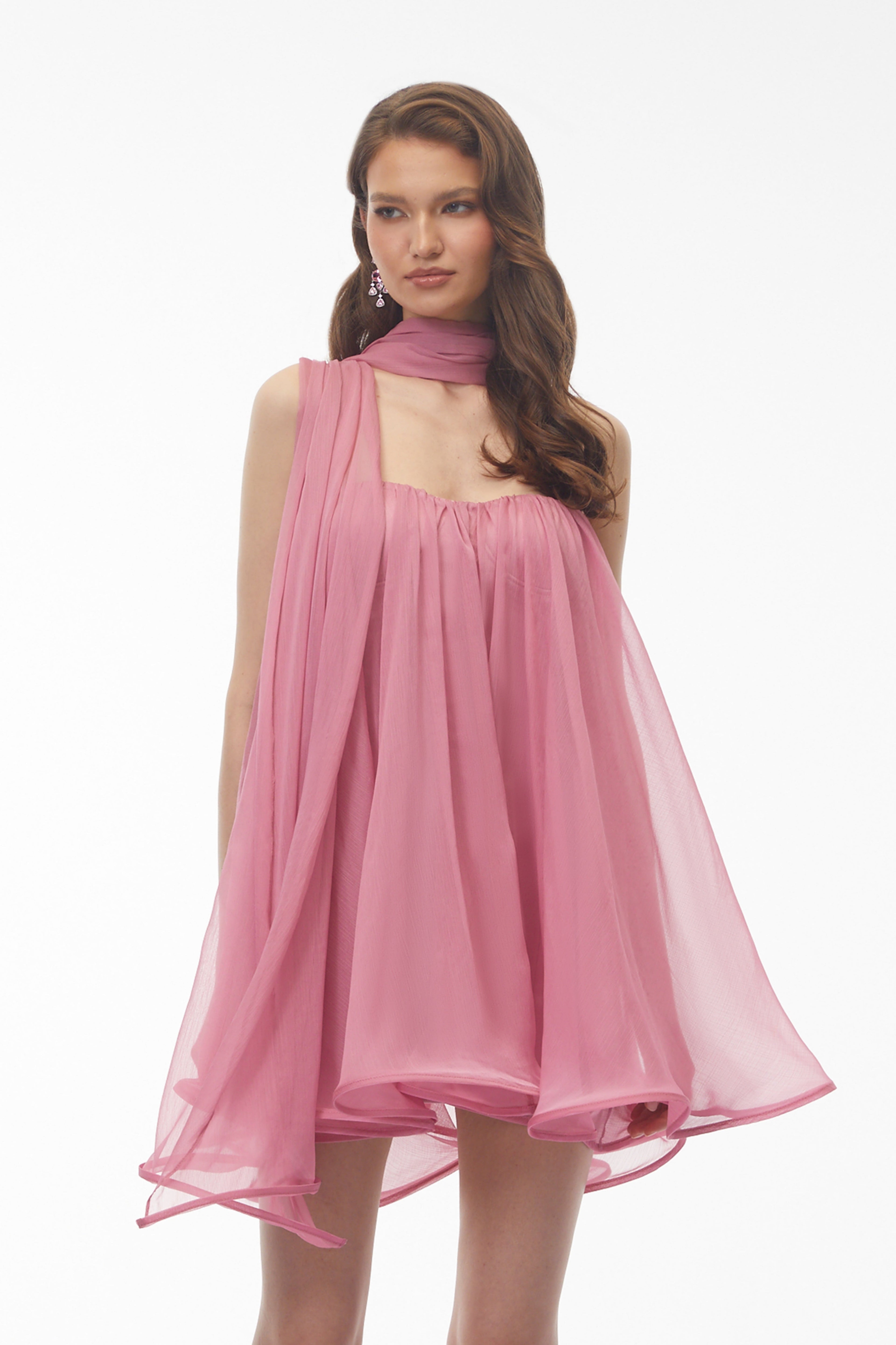 Rose Pink Off Shoulder Ruched Mini Dress with Ribbon Avalabel