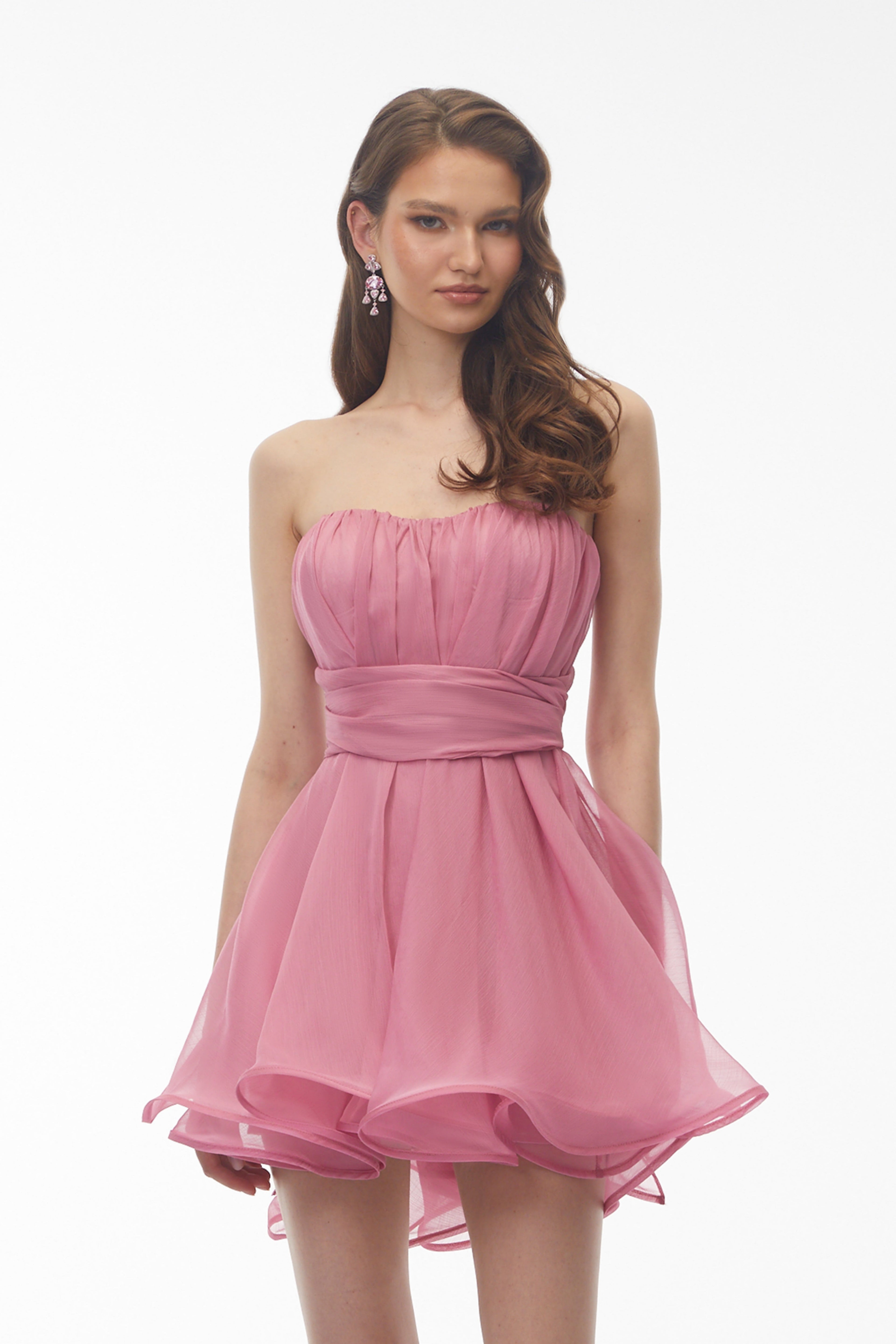 Rose Pink Off Shoulder Ruched Mini Dress with Ribbon