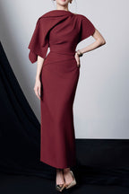 Genevieve Asymmetric Sleeve Draped Midi Dress in Burgundy Avalabel
