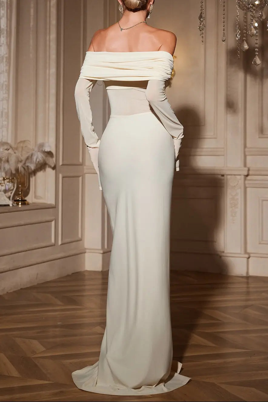 zenobia Off shoulder Ruched Maxi Dress In Beige Avalabel
