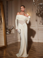 zenobia Off shoulder Ruched Maxi Dress In Beige Avalabel