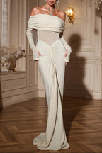 zenobia Off shoulder Ruched Maxi Dress In Beige Avalabel