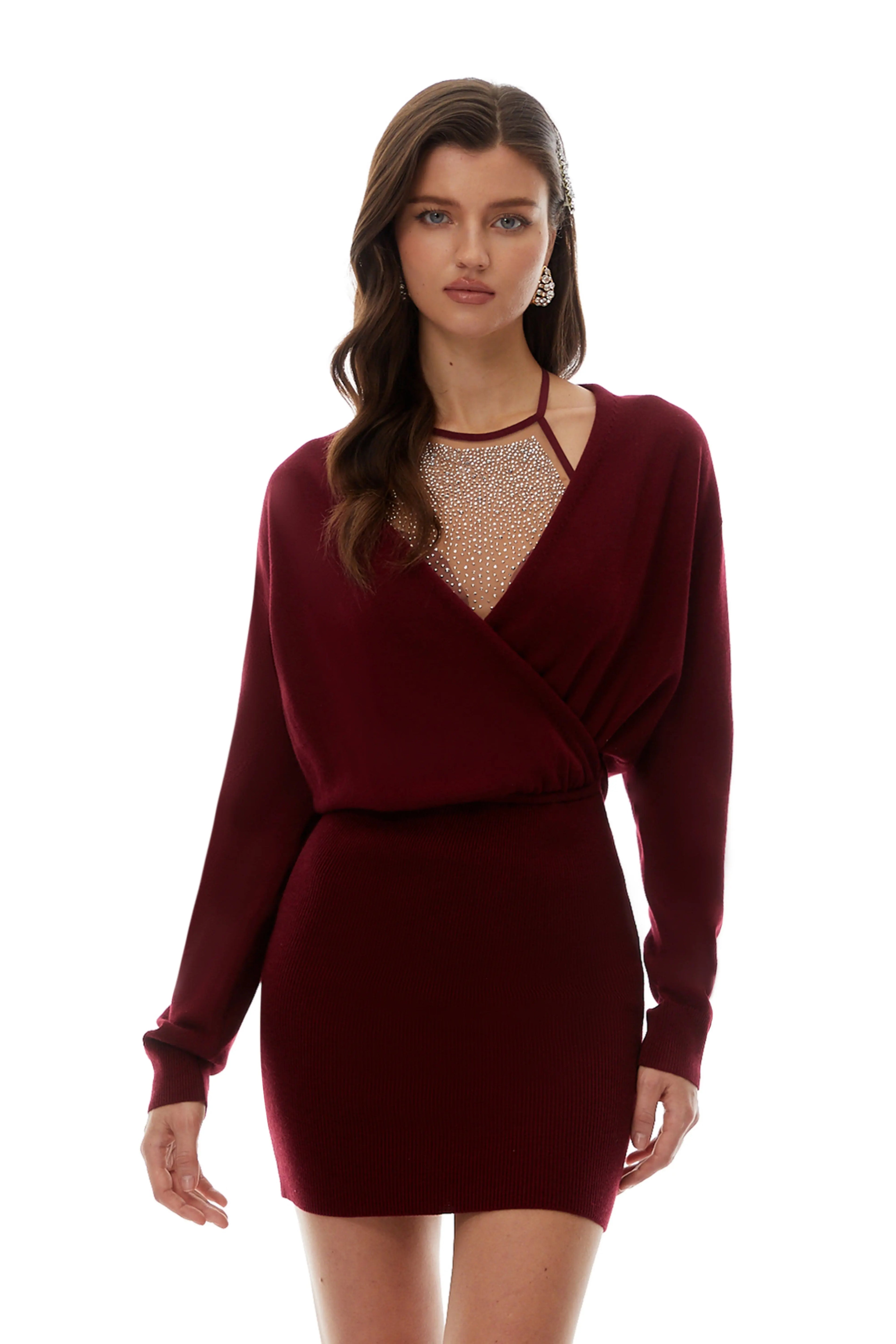 Nancy Rhinestone Embellished Bodycon Jersey Mini Dress in Red Avalabel
