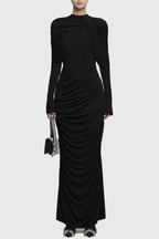 bonnie long sleeve pleated knot bodycon maxi dress in black Avalabel