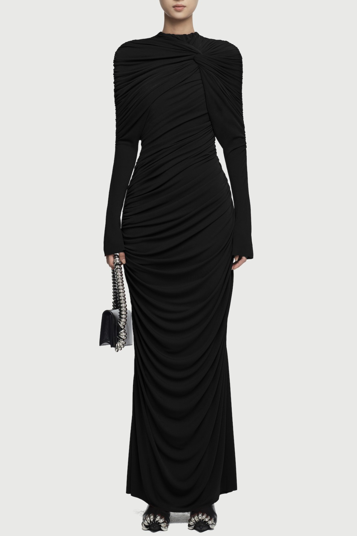 bonnie long sleeve pleated knot bodycon maxi dress in black Avalabel