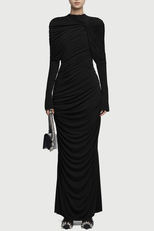 bonnie long sleeve pleated knot bodycon maxi dress in black Avalabel