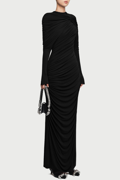 bonnie long sleeve pleated knot bodycon maxi dress in black Avalabel