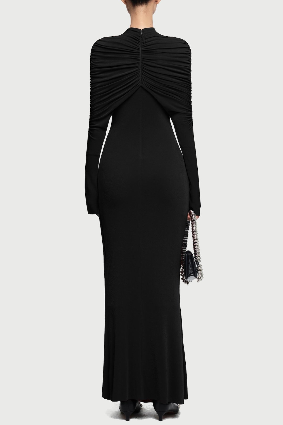 bonnie long sleeve pleated knot bodycon maxi dress in black Avalabel