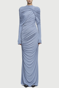 bonnie long sleeve pleated knot bodycon maxi dress in blue Avalabel