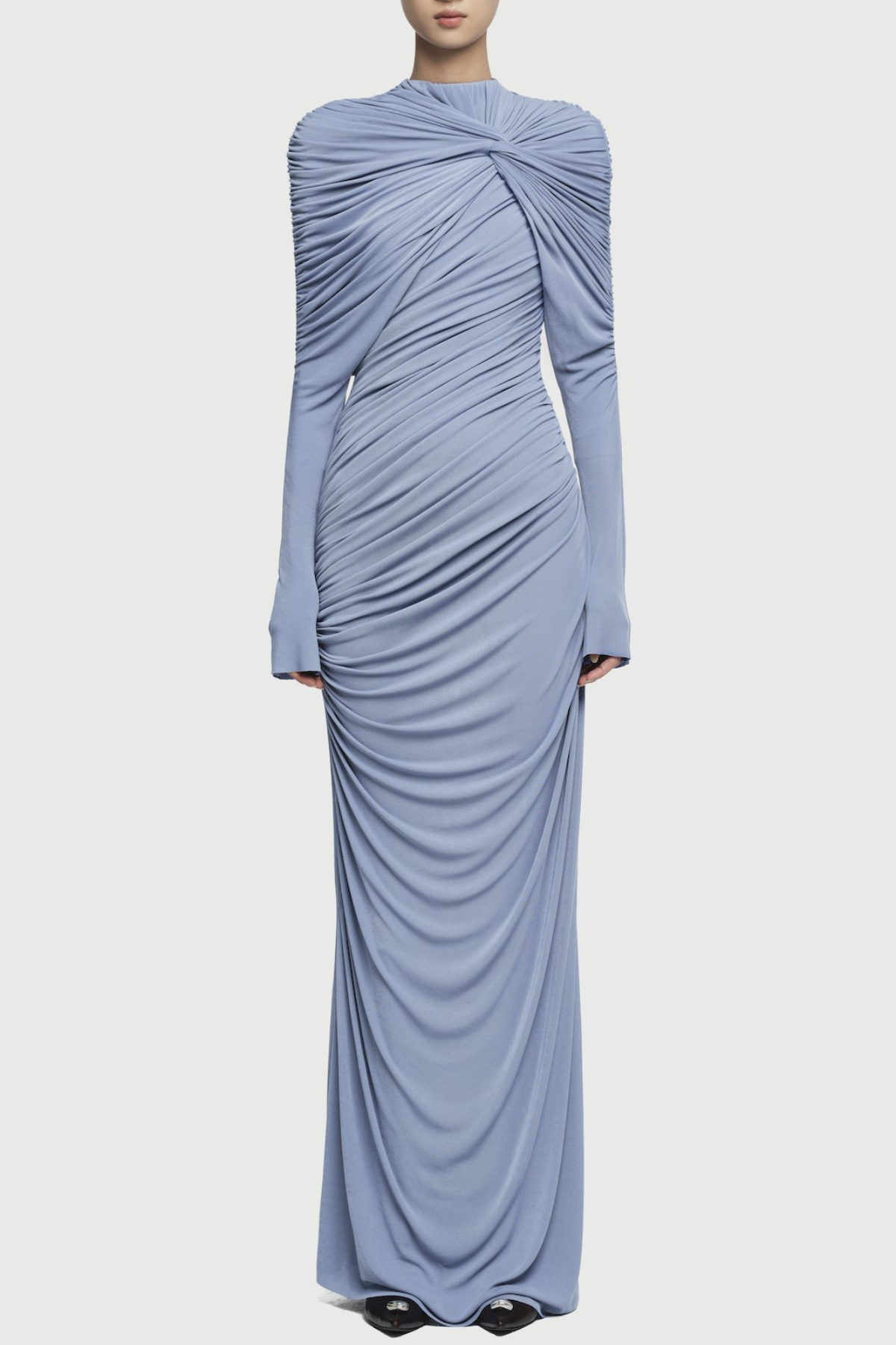 bonnie long sleeve pleated knot bodycon maxi dress in blue Avalabel