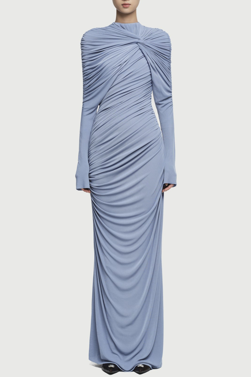 bonnie long sleeve pleated knot bodycon maxi dress in blue Avalabel