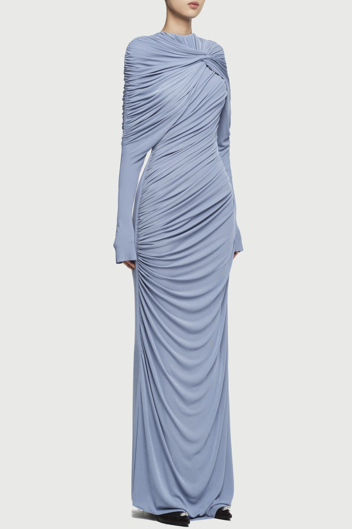 bonnie long sleeve pleated knot bodycon maxi dress in blue Avalabel