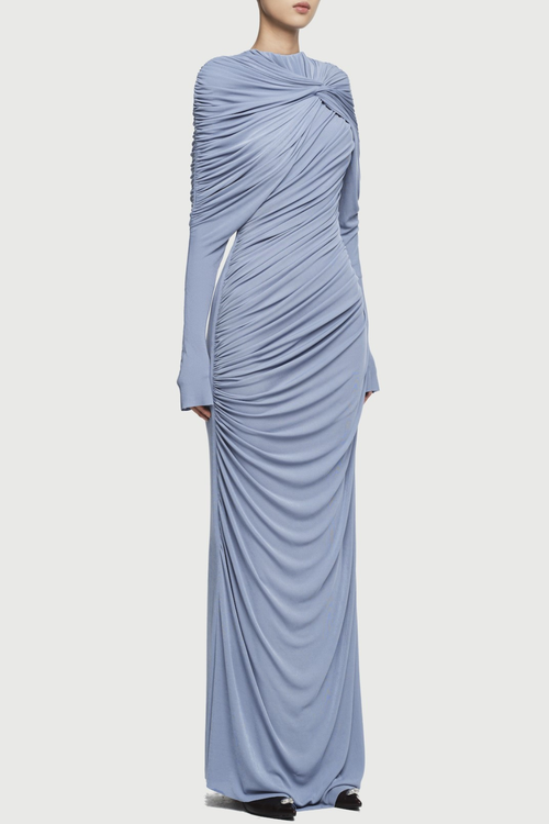 bonnie long sleeve pleated knot bodycon maxi dress in blue Avalabel