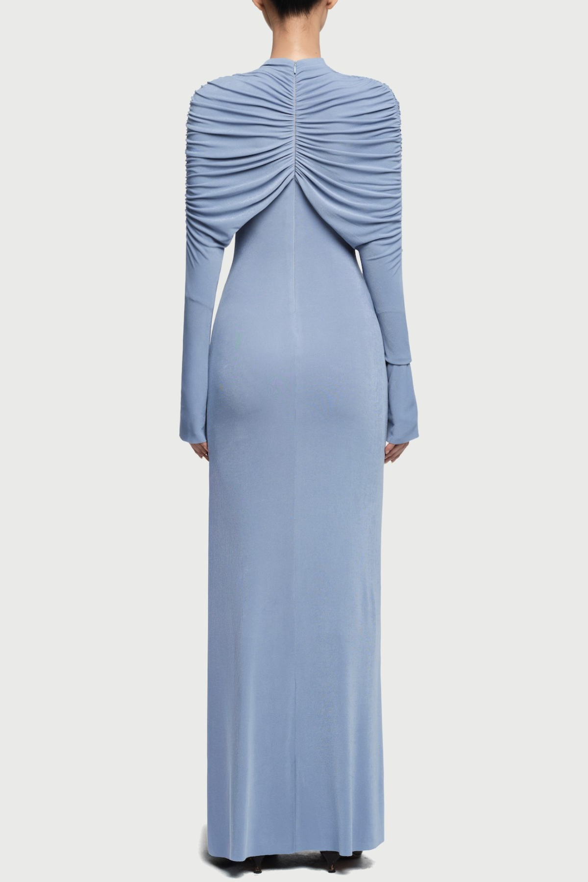 bonnie long sleeve pleated knot bodycon maxi dress in blue Avalabel