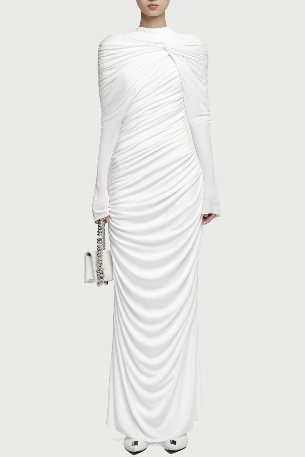 bonnie long sleeve pleated knot bodycon maxi dress in white Avalabel