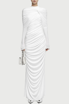 bonnie long sleeve pleated knot bodycon maxi dress in white Avalabel