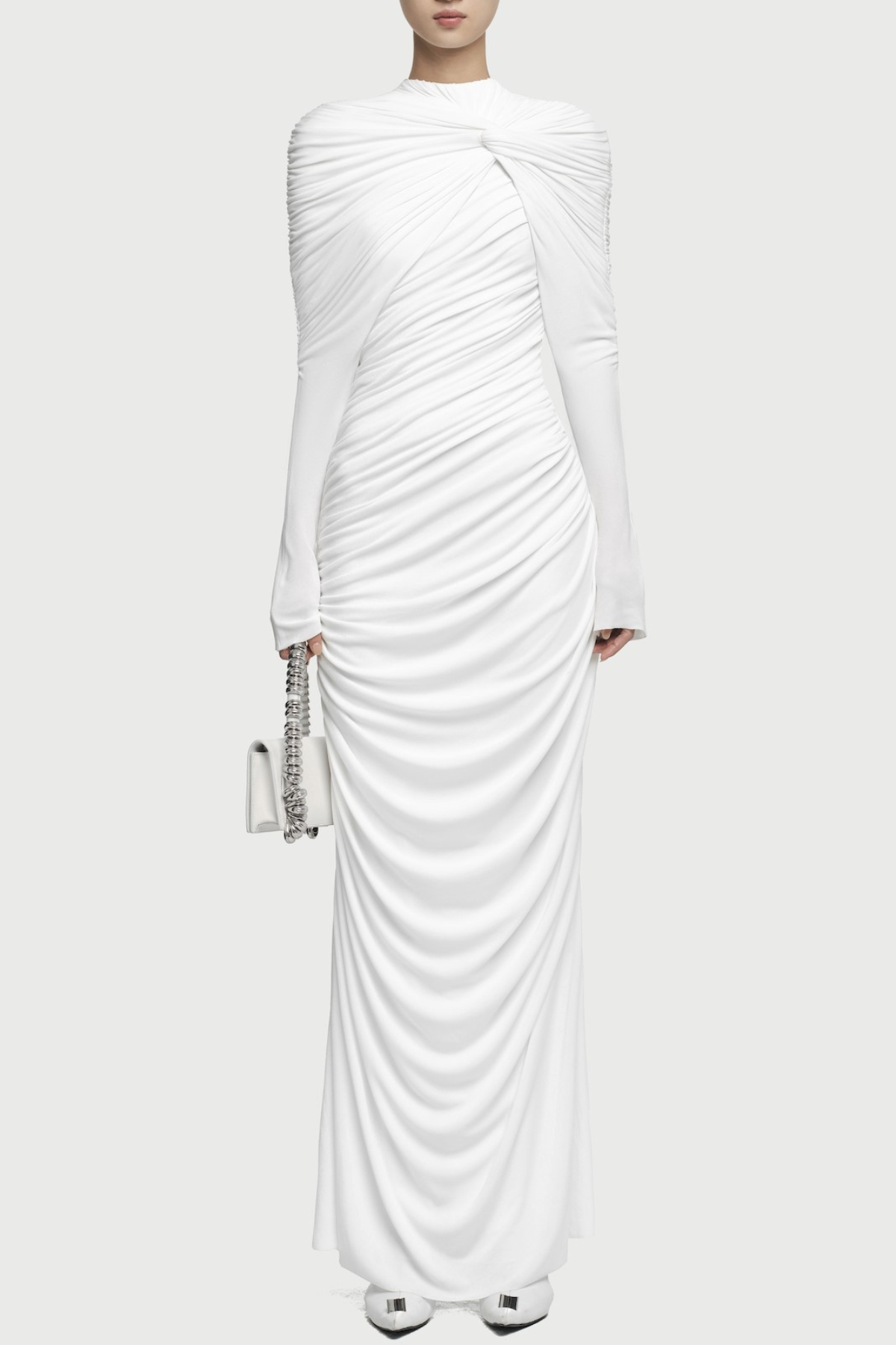bonnie long sleeve pleated knot bodycon maxi dress in white Avalabel