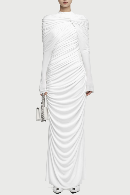 bonnie long sleeve pleated knot bodycon maxi dress in white Avalabel