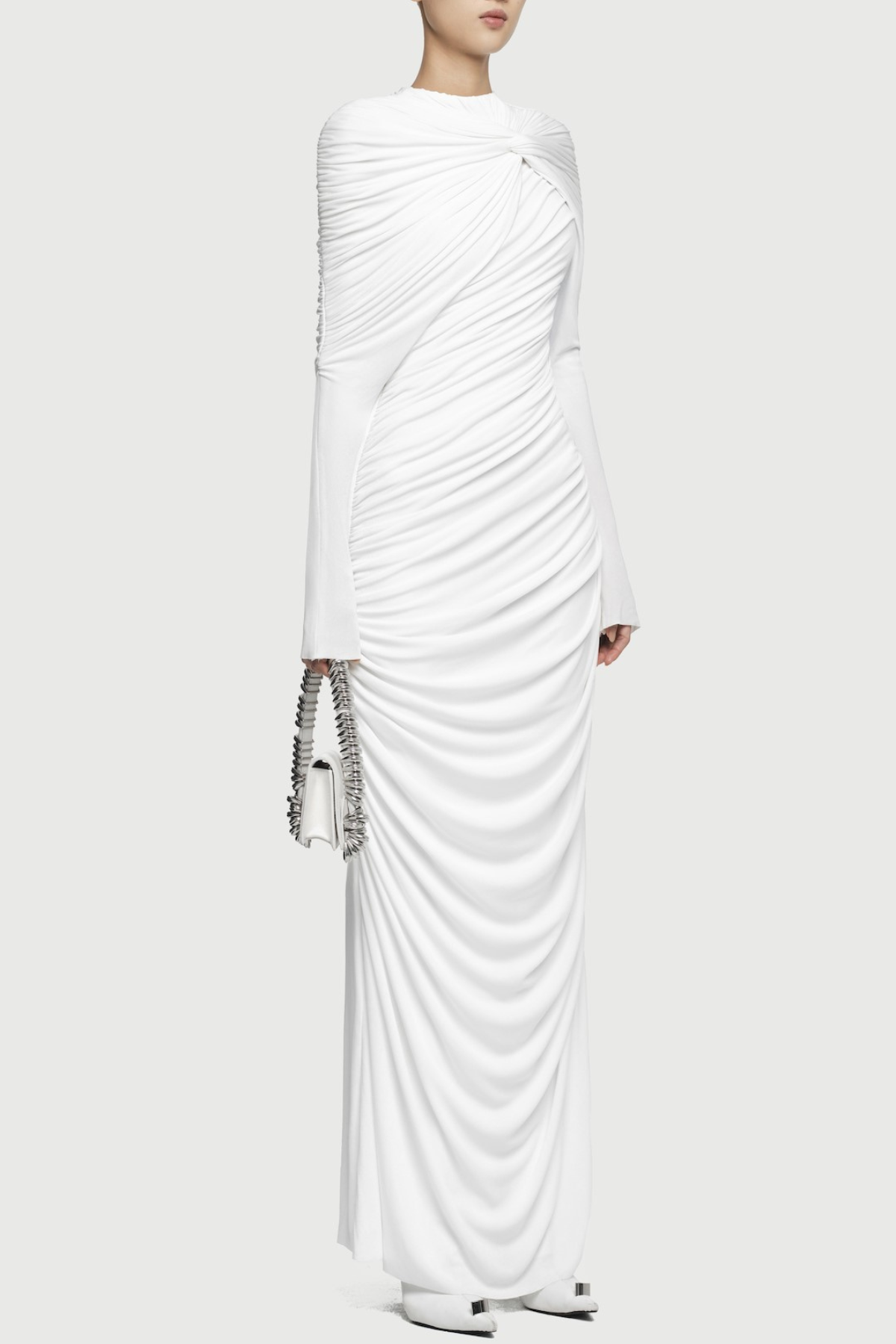 bonnie long sleeve pleated knot bodycon maxi dress in white Avalabel