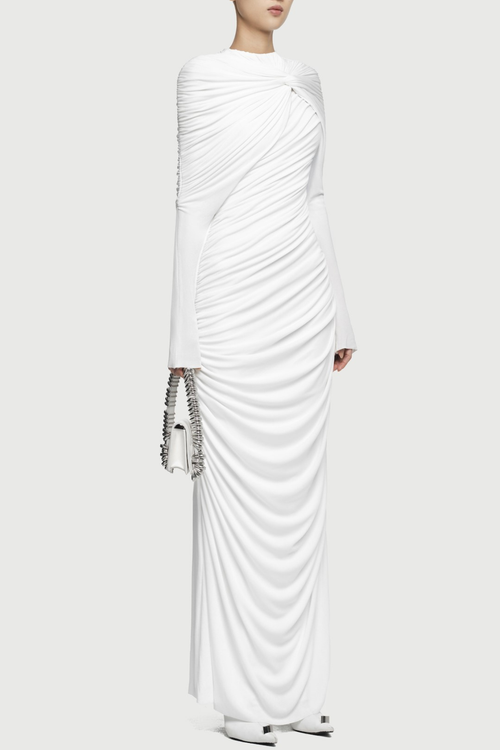 bonnie long sleeve pleated knot bodycon maxi dress in white Avalabel