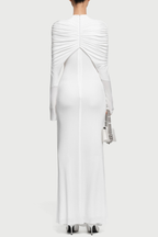 bonnie long sleeve pleated knot bodycon maxi dress in white Avalabel
