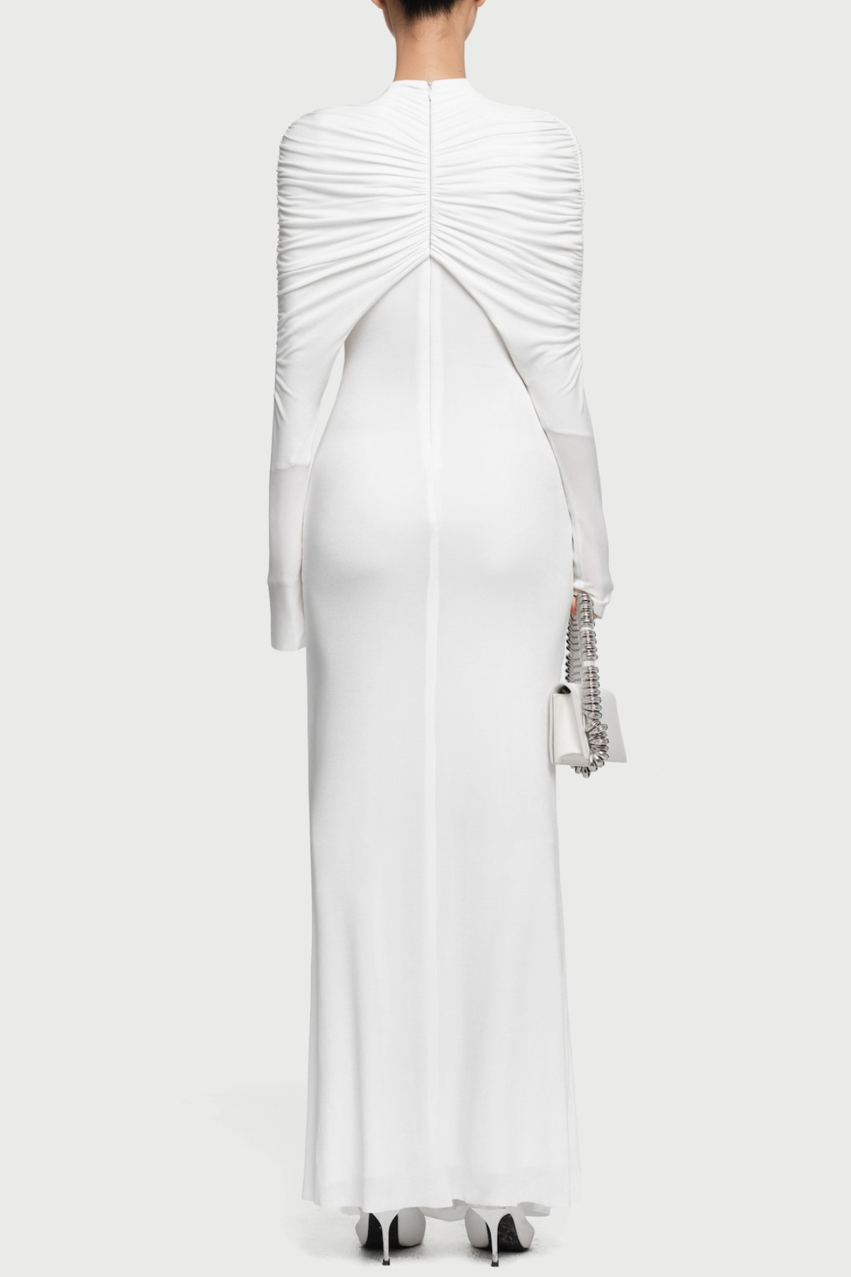 bonnie long sleeve pleated knot bodycon maxi dress in white Avalabel