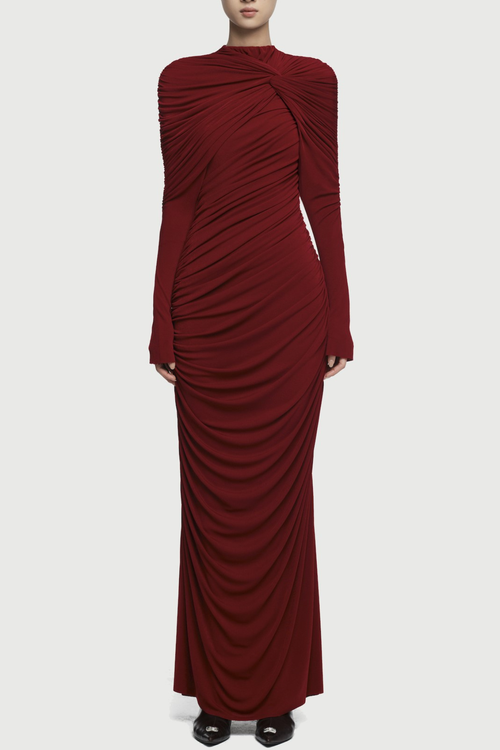 bonnie long sleeve pleated knot bodycon maxi dress in red Avalabel