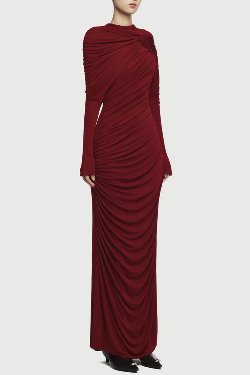 bonnie long sleeve pleated knot bodycon maxi dress in red Avalabel