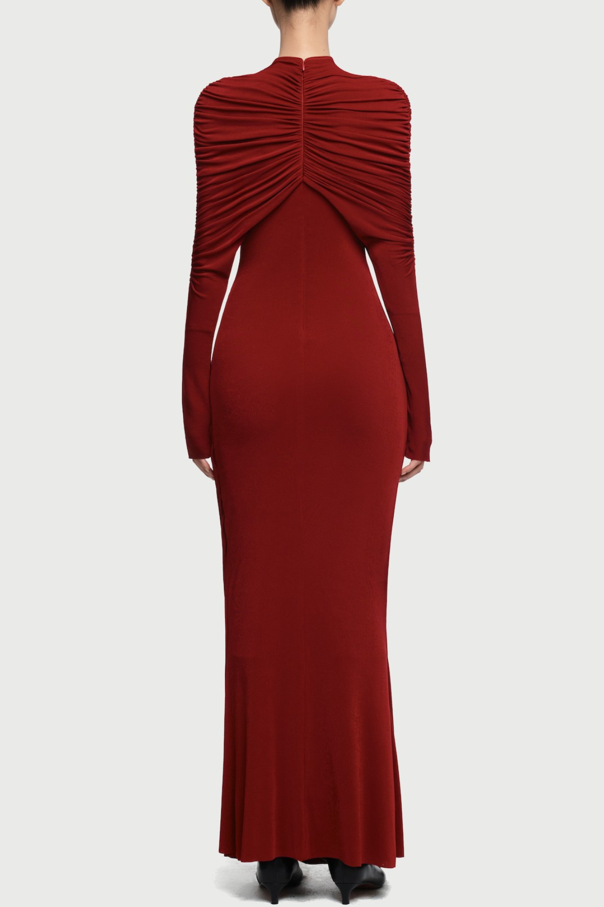 bonnie long sleeve pleated knot bodycon maxi dress in red Avalabel