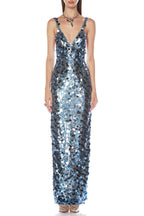 roberta Deep V-Neck Sequin Column Gown in blue Avalabel