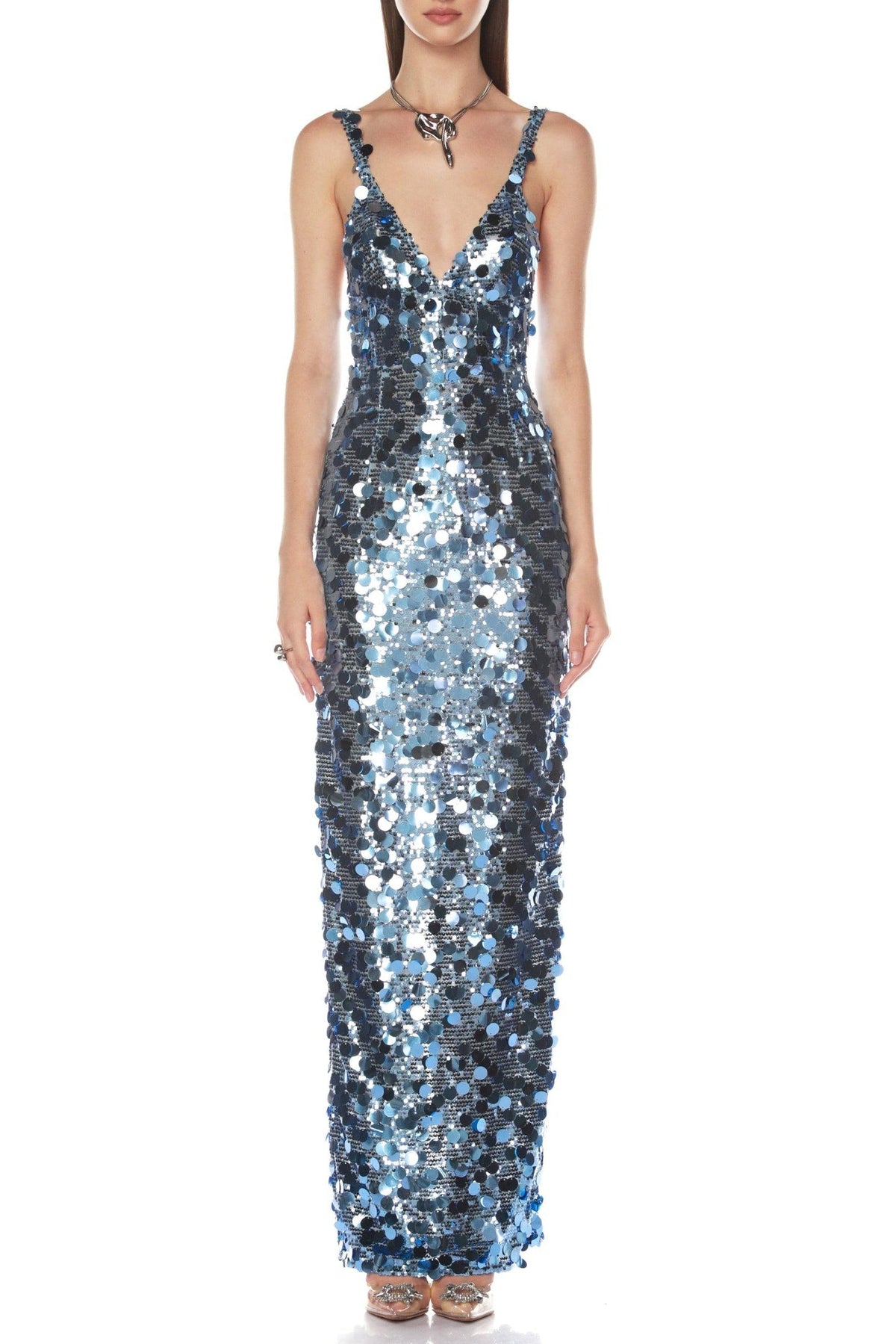roberta Deep V-Neck Sequin Column Gown in blue Avalabel