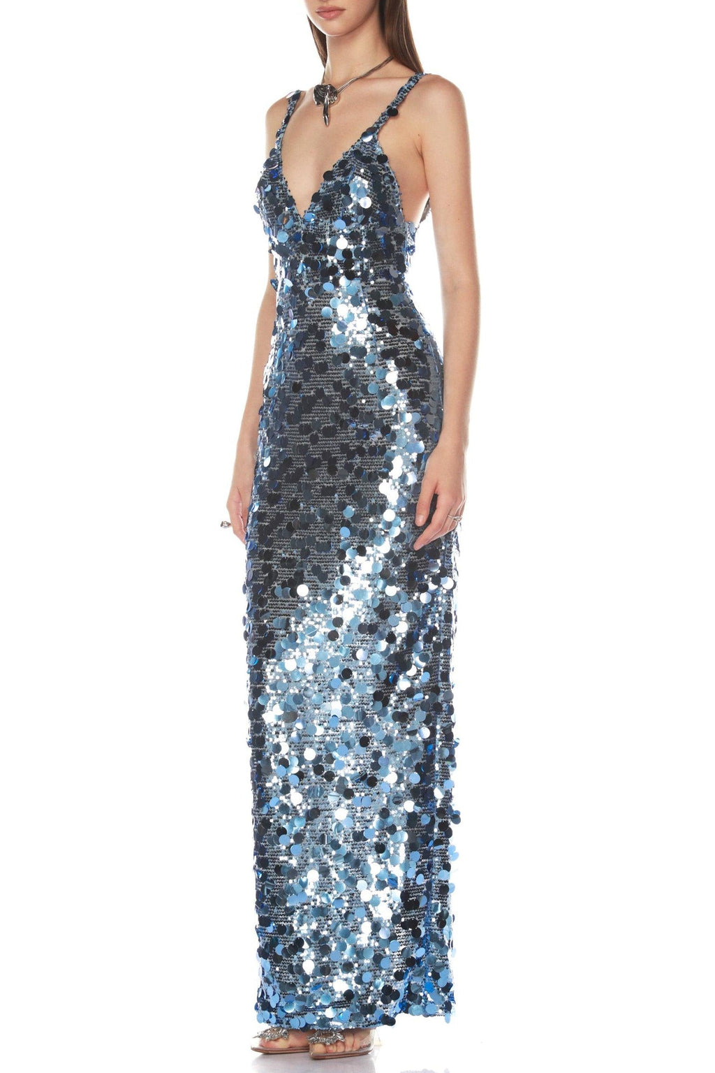 roberta Deep V-Neck Sequin Column Gown in blue Avalabel