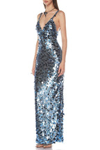 roberta Deep V-Neck Sequin Column Gown in blue Avalabel