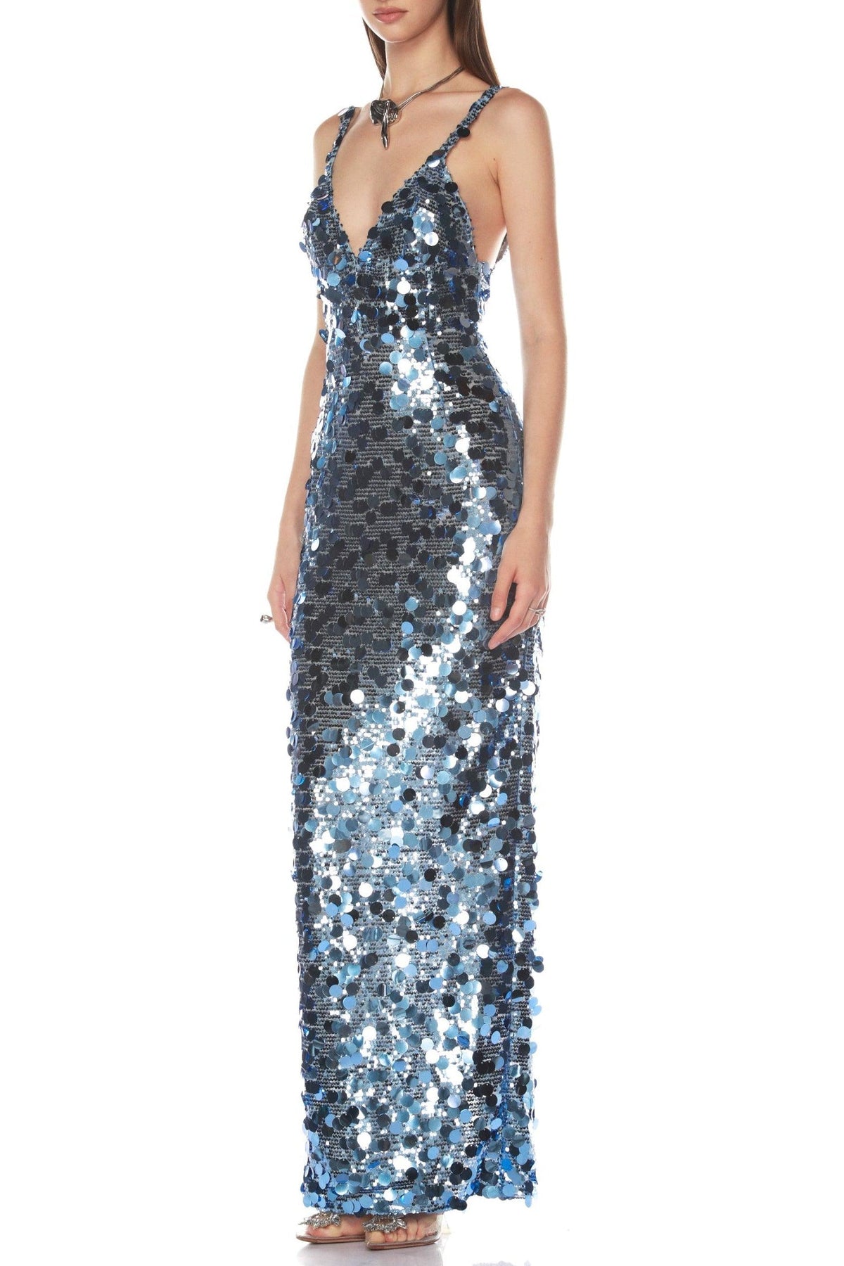 roberta Deep V-Neck Sequin Column Gown in blue Avalabel