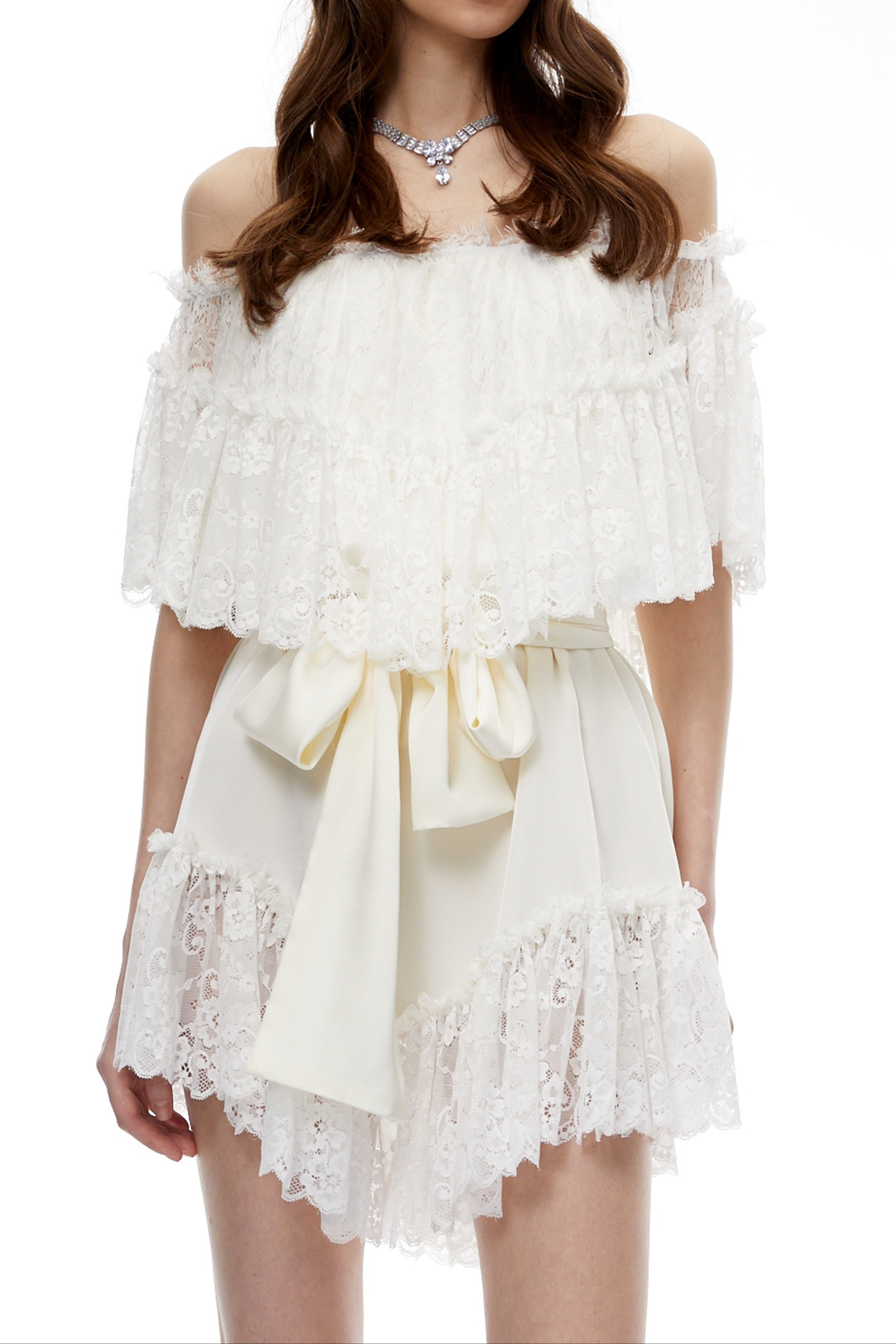 Off Shoulder Ruffled Lace Satin Bow Two Piece Short Set poava