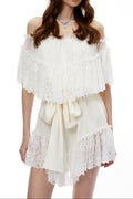 Off Shoulder Ruffled Lace Satin Bow Two Piece Short Set poava