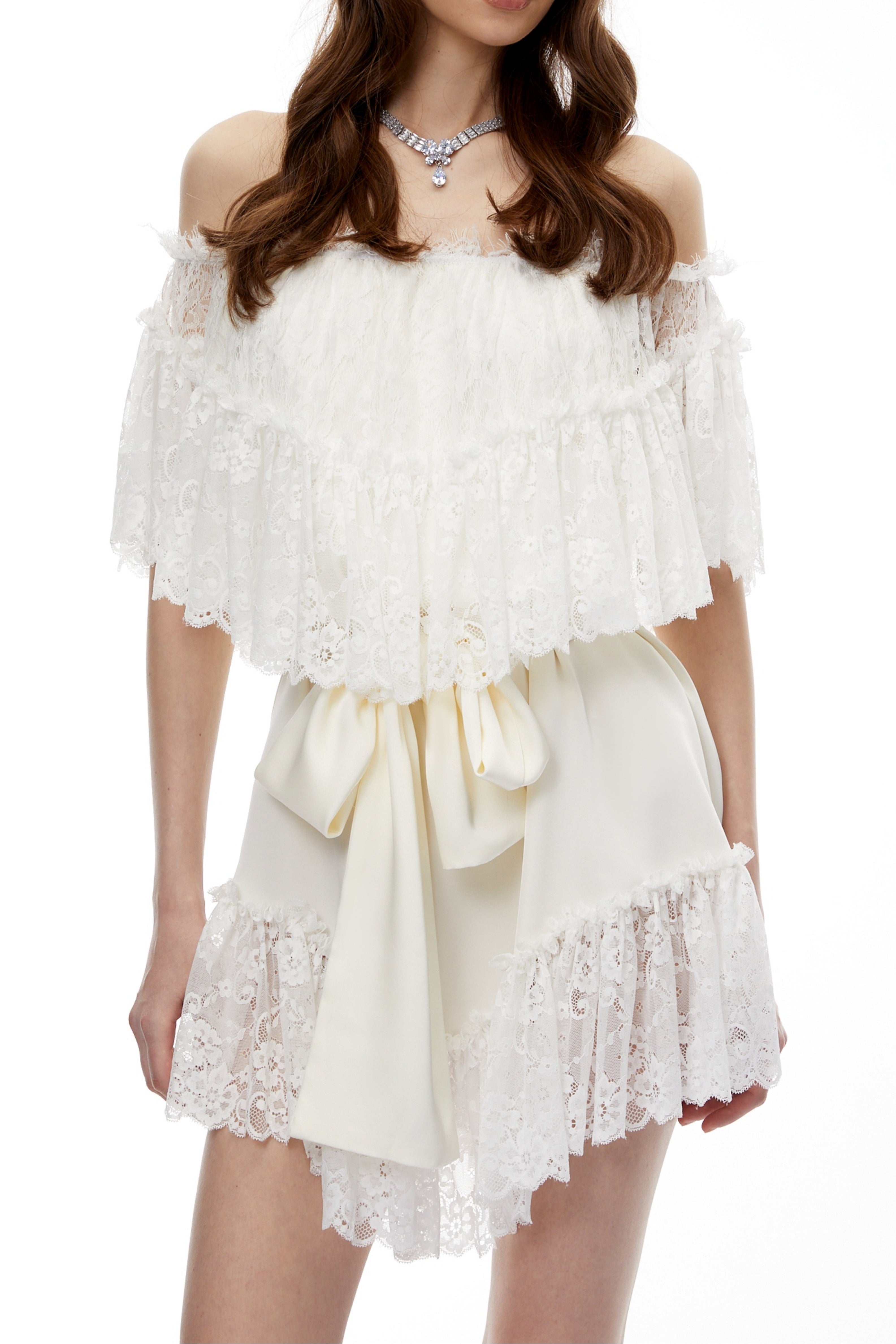 Off Shoulder Ruffled Lace Satin Bow Two Piece Short Set poava